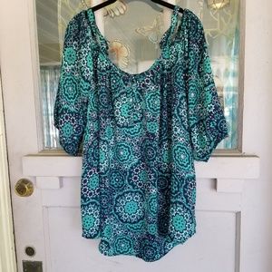 Turquoise Navy 3/4 Sleeve Cold Shoulder Blouse
